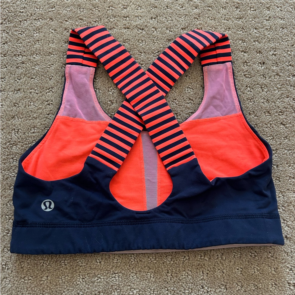 Lululemon sports bra orange navy striped size 4